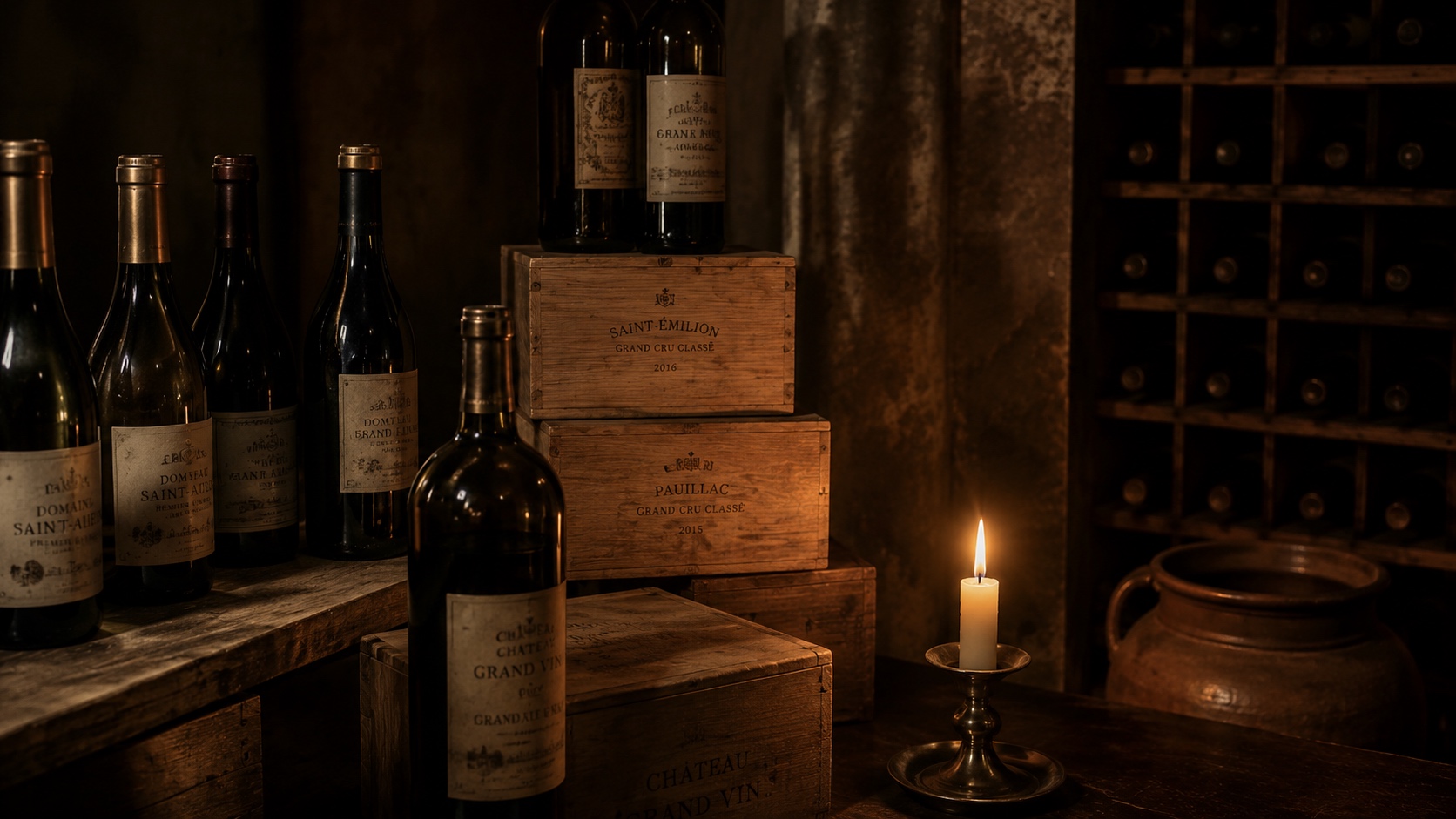 A candlelit cellar with bottles and wooden boxes