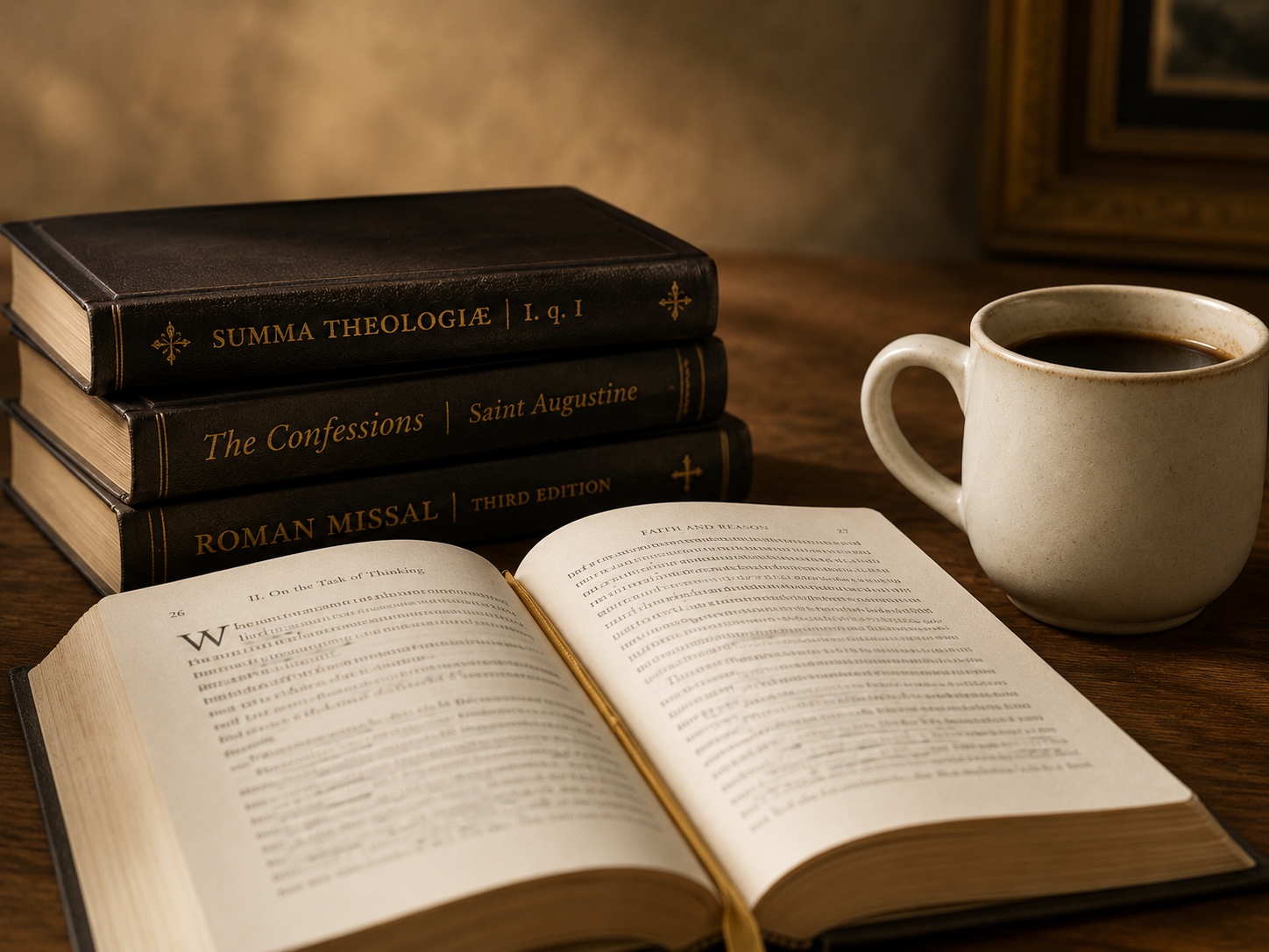 Open notebook, books, and a warm drink on a writing table