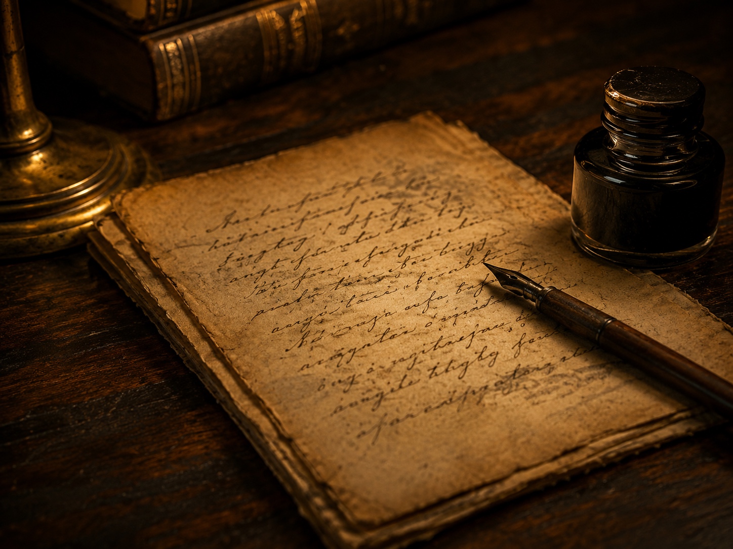 A handwritten page, pen, and ink bottle representing essays
