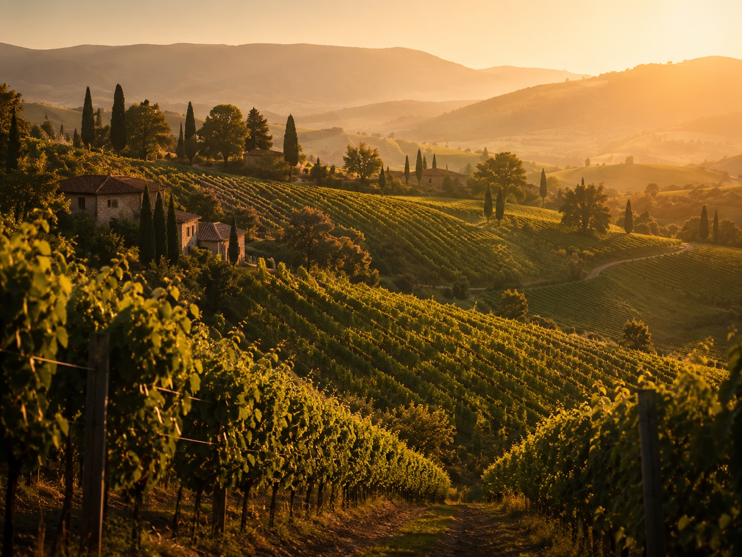 A vineyard at golden hour representing wine